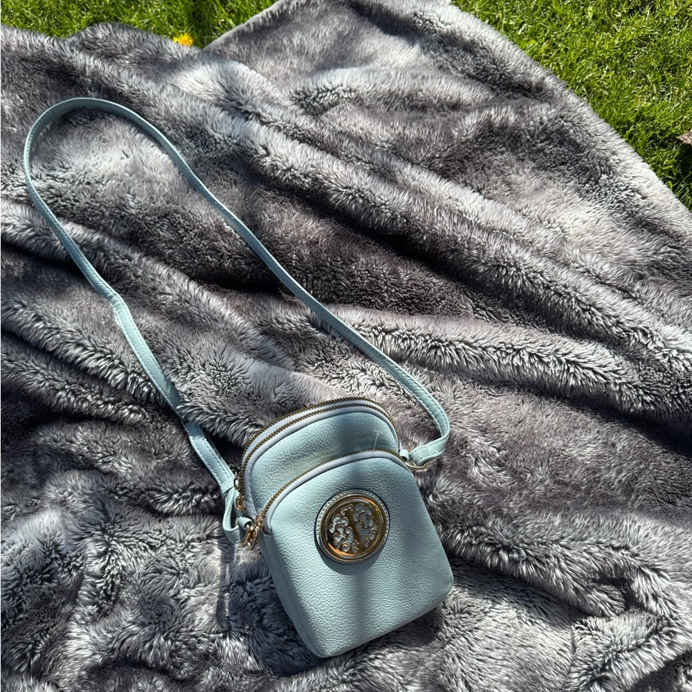 Powder Blue Leather Crossbody Bag with Metallic Finish